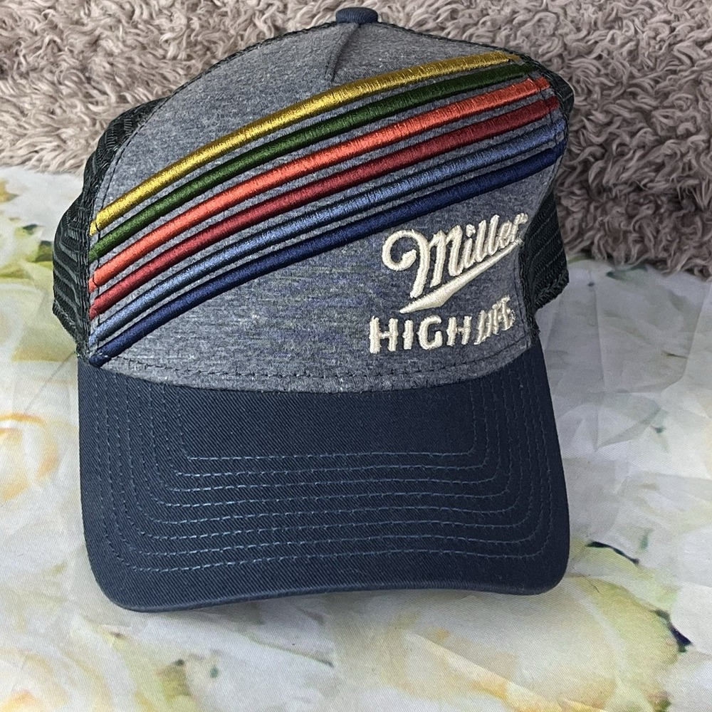 Miller High Life Hat Cap Mens Trucker Hat Snapback Raised Lettering Embroidered